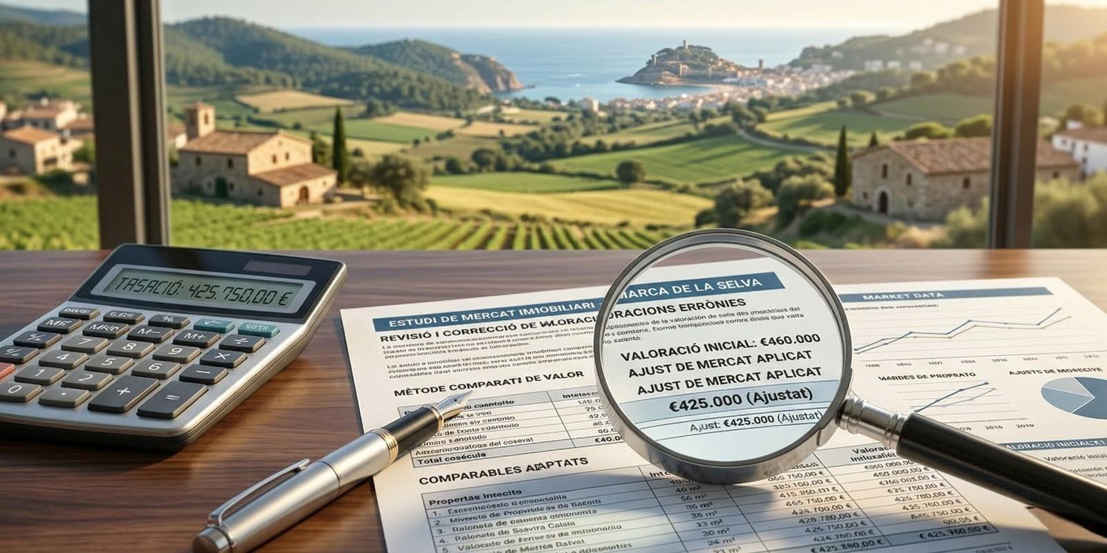Lupa y calculadora sobre documentos de tasación inmobiliaria, representando cómo corregir valoraciones equivocadas de viviendas en Blanes, Lloret, Sils, Vidreres y Maçanet.
