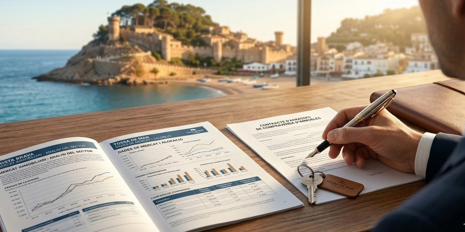 Agente inmobiliario mostrando un dossier de tasación con datos reales para defender el precio de una vivienda, con vistas al castillo de Tossa de Mar al fondo.