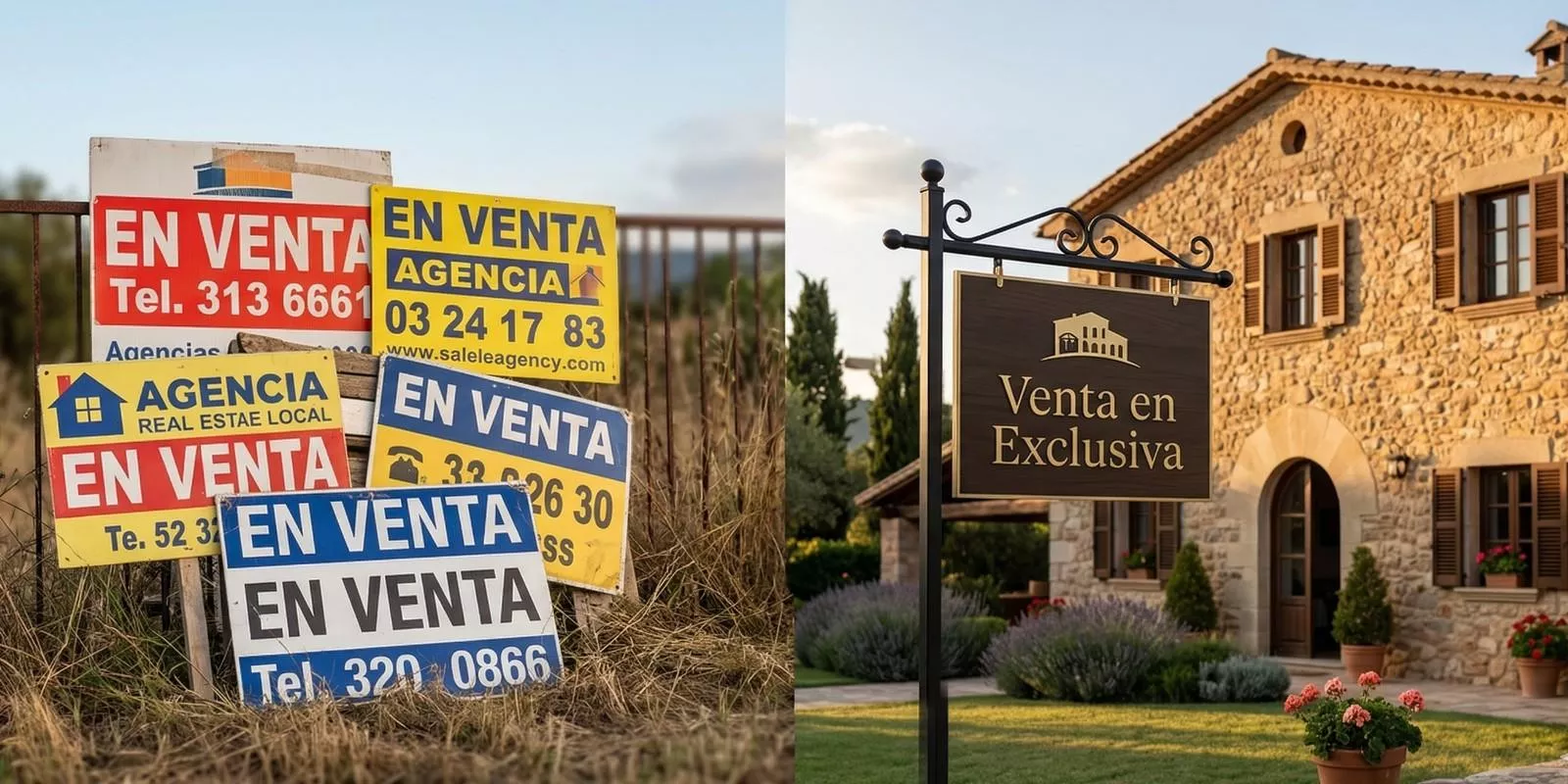 Contraste entre múltiples carteles inmobiliarios desordenados y un único cartel de venta en exclusiva frente a una casa en Santa Coloma de Farners, representando la protección del valor del inmueble.