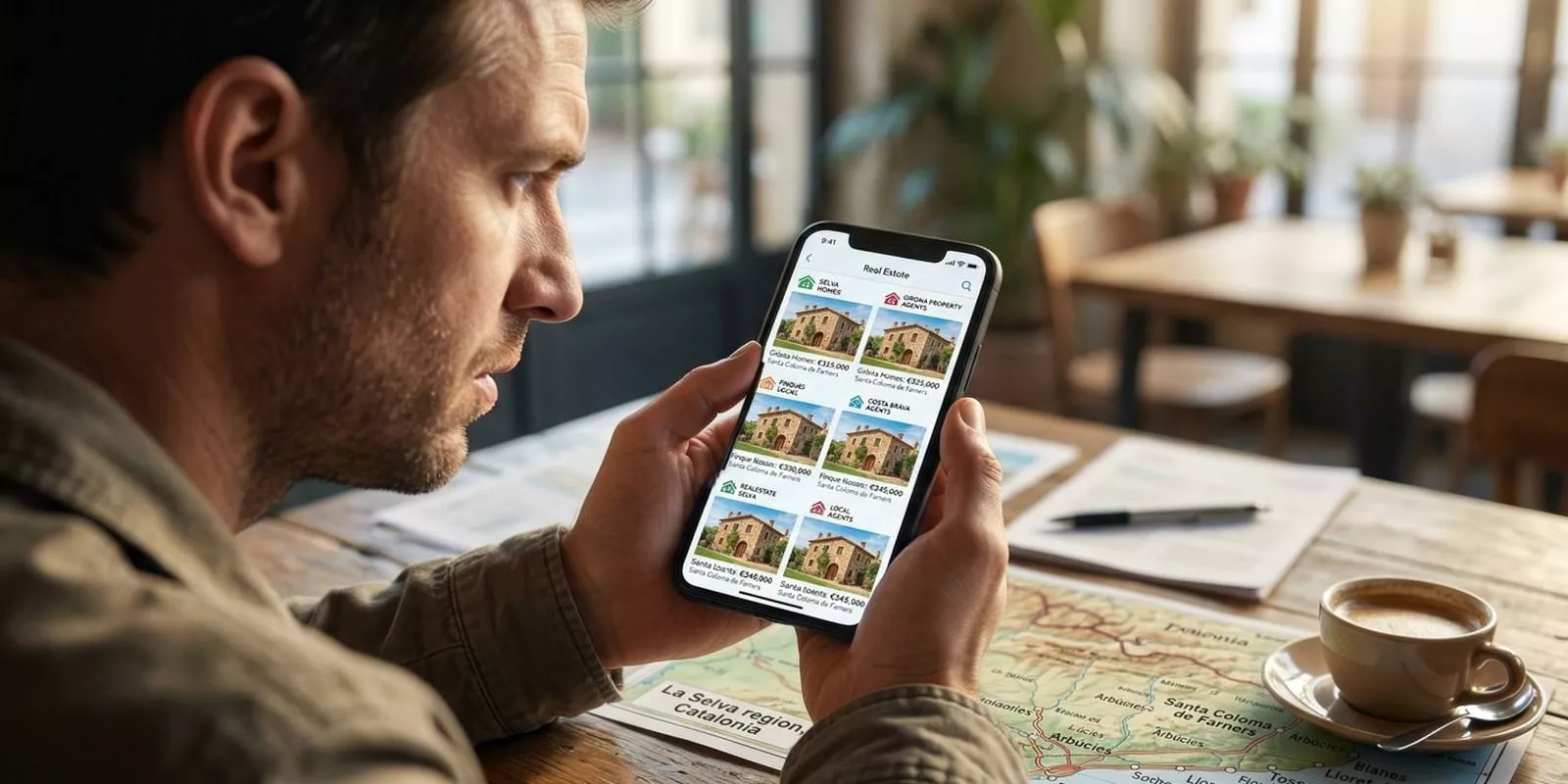 Comprador confundido mirando anuncios duplicados de una misma casa en su móvil, representando la pérdida de valor inmobiliario en La Selva por falta de exclusividad.