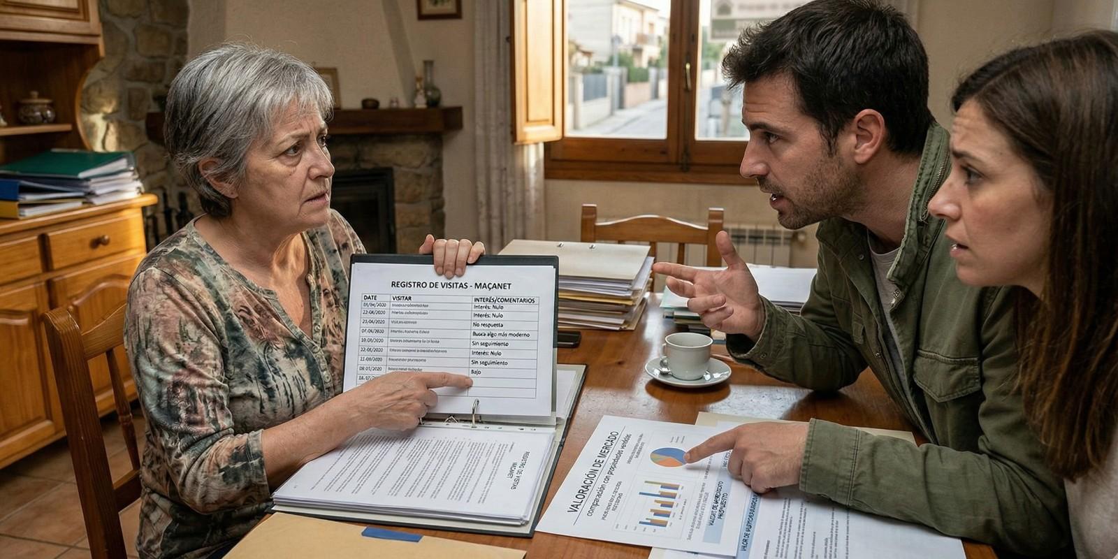 Propietarios revisando papeles de su vivienda sin vender, detectando señales de que están malvendiendo su propiedad