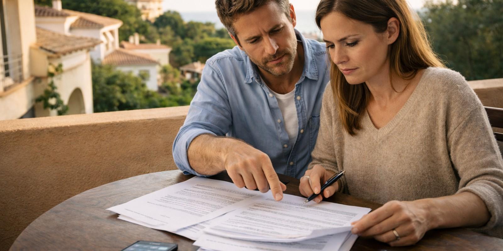 Pareja revisando precio de su vivienda en Blanes desde el balcón con dudas sobre la estrategia de venta