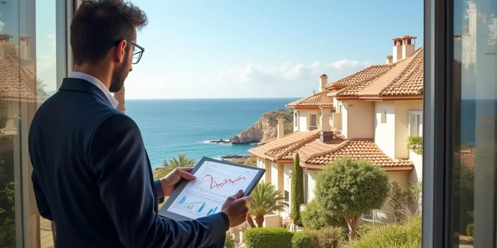 Pareja revisando estadísticas del anuncio y documentos de venta de una casa en un entorno mediterráneo de Girona, valorando cuándo ajustar el precio sin perder margen.