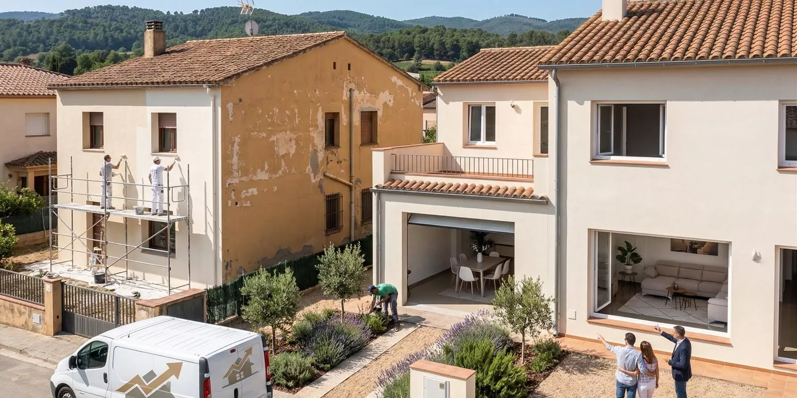 Pareja analizando planos y decisiones de reforma en casa, preparando mejoras para aumentar el valor de su vivienda en un entorno luminoso.