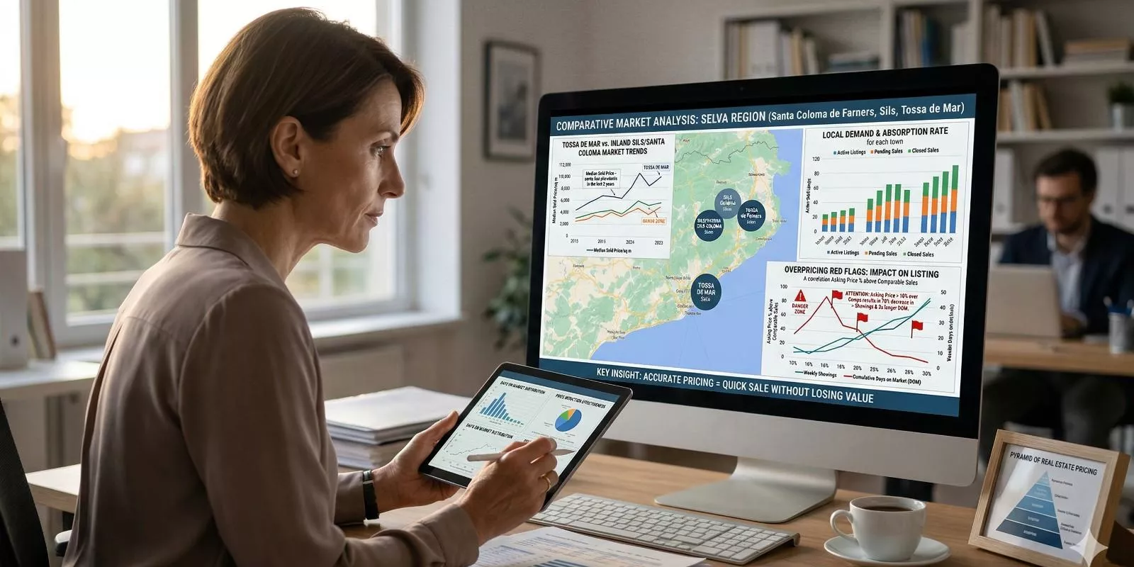 Pareja sentada en una mesa de madera consultando un informe de tasación de vivienda, planificando la venta con calma en un salón cálido y bien iluminado.