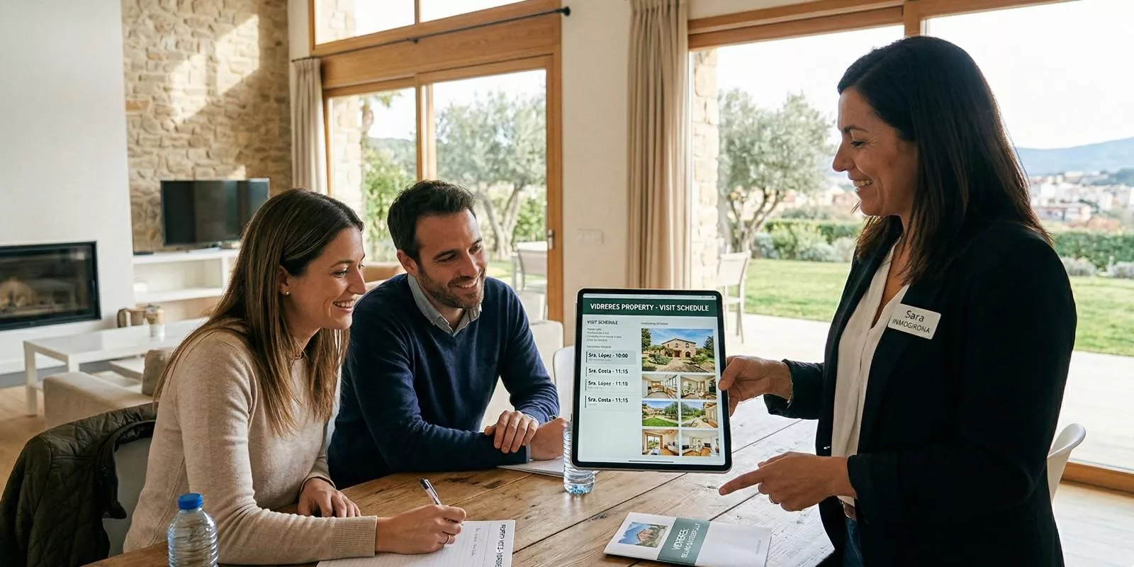 Pareja revisando fotos y documentos inmobiliarios en una mesa de madera, analizando opciones con atención en un salón cálido y luminoso.