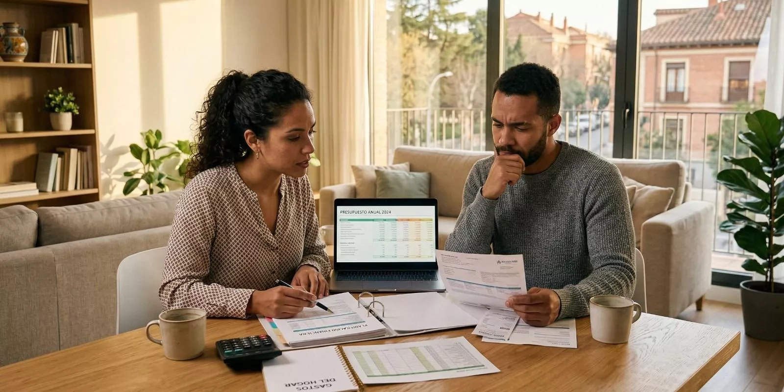 Pareja revisando impuestos, gastos y documentos de venta de una vivienda en una mesa de madera, planificando la operación con calma en un salón luminoso.