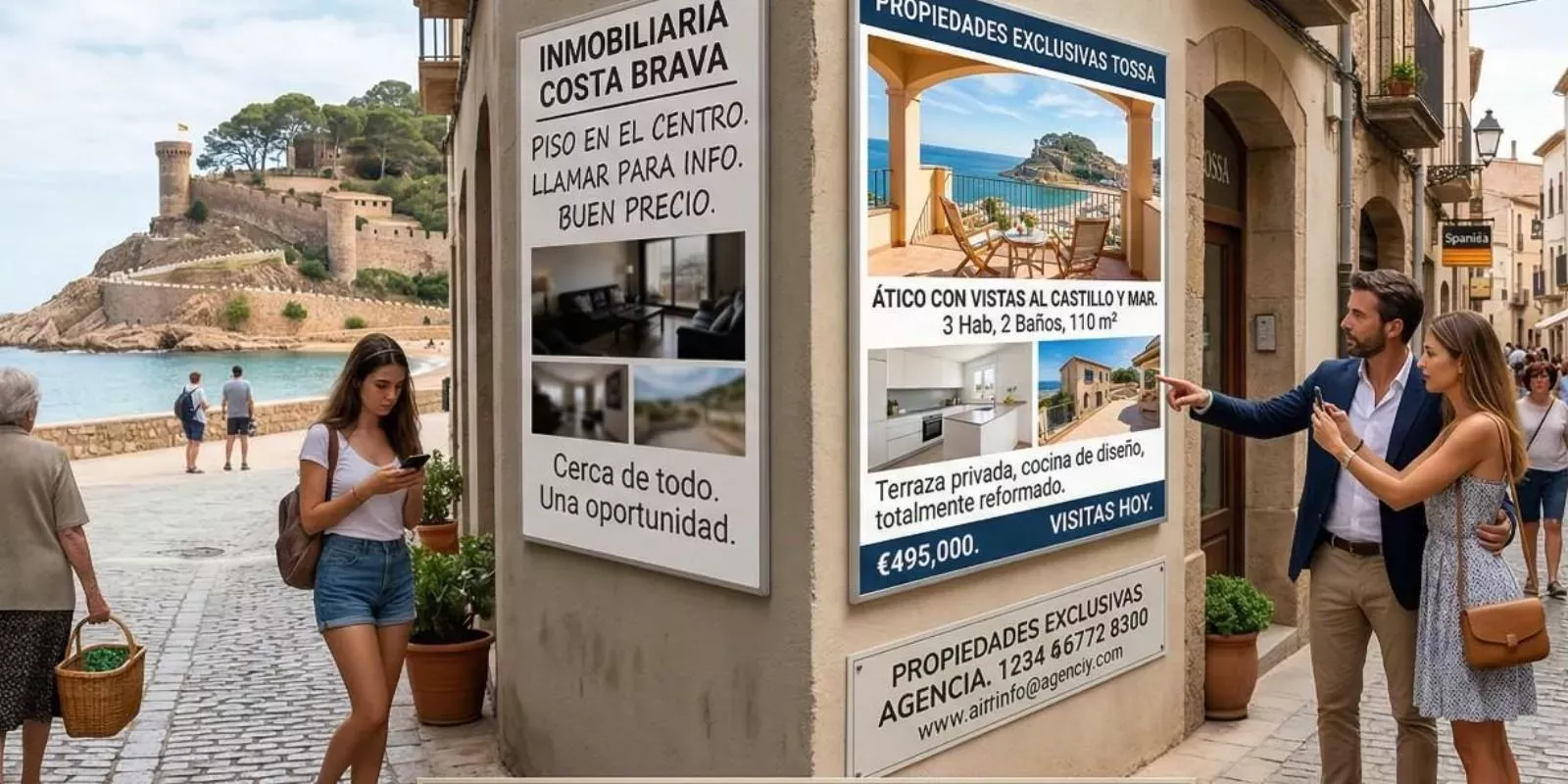 Pareja revisando fotos y documentación de un inmueble en un portátil, analizando cómo mejorar el anuncio en un salón moderno y luminoso.