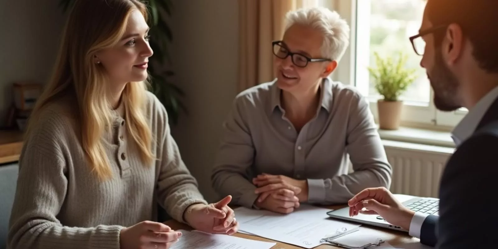 Dos herederos analizando papeles legales y documentación inmobiliaria en un entorno cálido, organizando la venta de una casa heredada sin conflictos.
