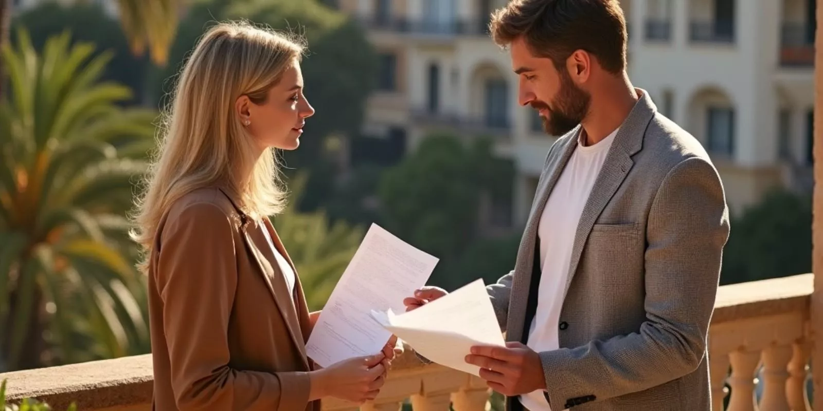 Pareja analizando papeles de una vivienda en una terraza soleada con arquitectura mediterránea, organizando decisiones inmobiliarias en Lloret de Mar.