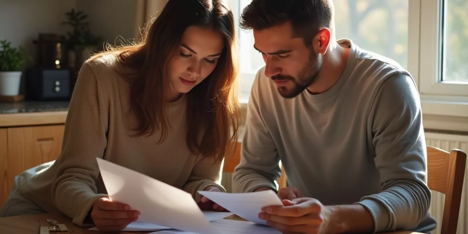Pareja revisando documentos inmobiliarios en una mesa de madera en un salón luminoso, tomando decisiones con calma y estrategia.